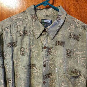 Men's Large Hawaiian Moon Green Floral Short Sleeve Button Down Shirt
